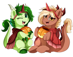 Size: 2516x1989 | Tagged: safe, artist:pridark, oc, oc only, species:dracony, species:pony, species:unicorn, commission, cute, fangs, halloween, holiday, horns, hybrid, jack-o-lantern, ocbetes, one eye closed, open mouth, pumpkin, simple background, sitting, transparent background, underhoof, wink