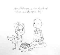 Size: 1280x1174 | Tagged: safe, artist:tjpones, oc, oc only, oc:brownie bun, oc:richard, species:earth pony, species:human, species:pony, horse wife, candy, clothing, costume, dinosaur, duo, ear fluff, female, food, grayscale, halloween, halloween costume, holiday, human male, infinity gauntlet, lineart, male, mare, monochrome, simple background, sitting, thanos, traditional art