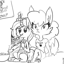 Size: 1650x1650 | Tagged: safe, artist:dsp2003, artist:tjpones, edit, oc, oc only, oc:chips, species:changeling, species:pony, awoo, changeling queen, changeling queen oc, chips, crossover, drink, drinking straw, female, food, mare, monochrome, remote control, scooby doo and the ghoul school, simple background, sketch, werewolf, white background, winnie the werewolf