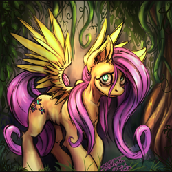 Size: 1024x1024 | Tagged: safe, artist:foldeath, character:fluttershy, species:pegasus, species:pony, creepy, female, forest, halloween, holiday, looking at you, solo, spread wings, vine, wings