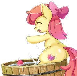 Size: 748x739 | Tagged: safe, artist:shepherd0821, character:apple bloom, species:earth pony, species:pony, adorabloom, apple, bloom butt, bow, bucket, cute, dawwww, eyes closed, female, filly, food, hair bow, plot, simple background, solo, transparent background, water