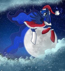 Size: 2000x2169 | Tagged: safe, artist:pridark, character:princess luna, cape, clothing, hat, moon, santa hat, socks, solo, tangible heavenly object