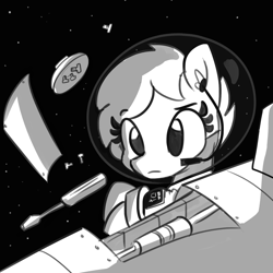 Size: 1280x1280 | Tagged: safe, artist:tjpones, oc, oc only, species:pony, astronaut, ear fluff, female, floating, frown, grayscale, headset, mare, monochrome, screwdriver, solo, space, space suit