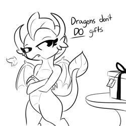 Size: 1280x1280 | Tagged: safe, artist:tjpones, character:smolder, species:dragon, dragoness, fangs, female, fire, grayscale, monochrome, present, smoldere, solo, table, tsundere