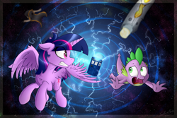 Size: 1024x683 | Tagged: safe, artist:sentireaeris, character:spike, character:twilight sparkle, character:twilight sparkle (alicorn), species:alicorn, species:dragon, species:pony, doctor who, fangs, female, lightning, looking at each other, male, mare, open mouth, sonic screwdriver, tardis, teeth grinding, thirteenth doctor, time vortex