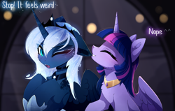 Size: 1280x816 | Tagged: safe, artist:magnaluna, character:princess luna, character:twilight sparkle, character:twilight sparkle (alicorn), species:alicorn, species:pony, ship:twiluna, g4, blushing, cheek fluff, chest fluff, clothing, crown, cute, cute little fangs, dialogue, duo, ear bite, ear fluff, eye clipping through hair, eyebrows, eyebrows visible through hair, fangs, featured on derpibooru, female, fluffy, hoof shoes, jewelry, leg fluff, lesbian, mare, necklace, nom, one eye closed, peytral, profile, regalia, shipping, shoes, three quarter view, twiabetes, zefiros codex