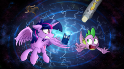 Size: 3555x2000 | Tagged: safe, alternate version, artist:sentireaeris, character:spike, character:twilight sparkle, character:twilight sparkle (alicorn), species:alicorn, species:dragon, species:pony, doctor who, female, lighting, looking at each other, looking back, male, mare, open mouth, sonic screwdriver, tardis, teeth grinding, thirteenth doctor, time vortex