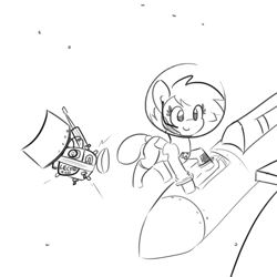 Size: 1280x1280 | Tagged: safe, artist:tjpones, oc, oc only, species:pony, astronaut, black and white, female, floating, grayscale, headset, magnet, mare, monochrome, simple background, smiling, solo, space, space suit, spaceship, white background