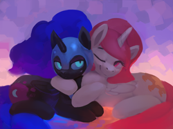 Size: 1100x822 | Tagged: safe, artist:rodrigues404, character:nightmare moon, character:princess celestia, character:princess luna, species:pony, cewestia, cute, duo, female, filly, hug, nightmare woon, sisters, younger
