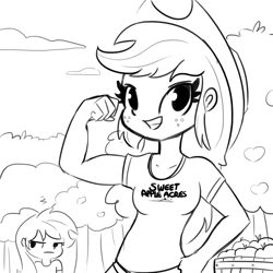 Size: 1280x1280 | Tagged: safe, artist:tjpones, character:applejack, character:rainbow dash, species:human, apple, applejacked, clothing, cloud, duo, female, flexing, food, freckles, hat, humanized, looking at you, monochrome, muscles, shirt, smiling, smirk, tree