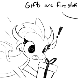 Size: 1280x1280 | Tagged: safe, artist:tjpones, character:smolder, species:dragon, dialogue, dragoness, exclamation point, female, heart, heart eyes, lineart, monochrome, open mouth, present, solo, wingding eyes