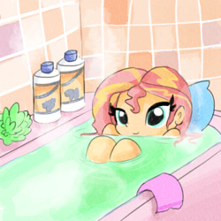 Size: 1280x1280 | Tagged: safe, artist:tjpones, character:sunset shimmer, my little pony:equestria girls, bath, bathing, bathtub, cute, female, implied nudity, knees, knees pressed together, mane 'n tail, relaxing, shampoo, shimmerbetes, smiling, solo, water