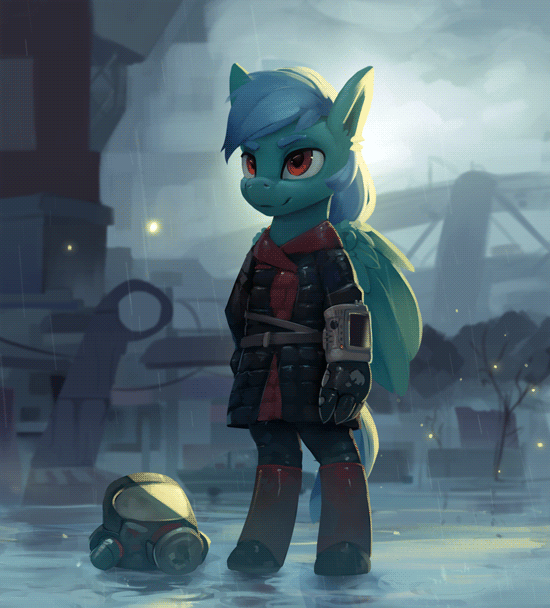 Size: 550x608 | Tagged: safe, artist:rodrigues404, oc, oc only, oc:dusty, species:anthro, species:unguligrade anthro, animated, fallout, gif, helmet, loop, male, pipboy, rain, solo