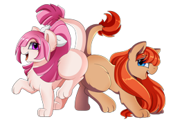 Size: 2494x1816 | Tagged: safe, artist:pridark, oc, oc only, oc:pepper rose, oc:rita, species:sphinx, butt bump, butt to butt, butt touch, commission, female, open mouth, ribbon, simple background, sphinx oc, transparent background