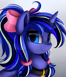 Size: 1722x2003 | Tagged: safe, artist:pridark, oc, oc only, oc:woona sparkle, species:alicorn, species:pony, species:unicorn, adorable face, alicorn oc, blue eyes, bow, bust, collar, commission, cute, female, fluffy, hair bow, mare, portrait, smiling, solo