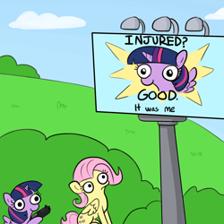 Size: 3000x3000 | Tagged: safe, artist:tjpones, character:fluttershy, character:twilight sparkle, character:twilight sparkle (alicorn), species:alicorn, species:pegasus, species:pony, behind you, billboard, derp, female, frown, gun, handgun, hoof hold, imminent death, imminent murder, imminent pain, mare, meme, pistol, sitting, smiling, sparkles! the wonder horse!, this will end in death, this will end in tears and/or death, twibitch sparkle, weapon, wide eyes