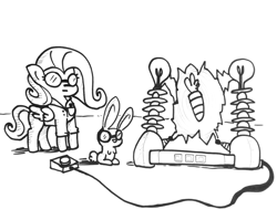 Size: 1280x1020 | Tagged: safe, artist:tjpones, character:angel bunny, character:fluttershy, species:pegasus, species:pony, species:rabbit, black and white, carrot, clothing, food, goggles, grayscale, lab coat, lineart, monochrome