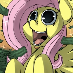 Size: 500x500 | Tagged: safe, artist:uc77, character:fluttershy, female, money, open mouth, spread wings, wings