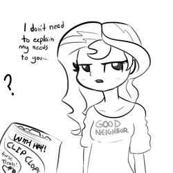 Size: 1280x1280 | Tagged: safe, artist:tjpones, character:sunset shimmer, my little pony:equestria girls, clothing, dialogue, female, homesick shimmer, lineart, monochrome, shirt, simple background, sketch, sunset wants her old digestive system back
