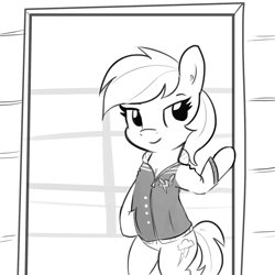 Size: 1155x1155 | Tagged: safe, artist:tjpones, character:rainbow dash, species:pegasus, species:pony, /mlp/, bipedal, chest fluff, clothing, description is relevant, doorway, drawthread, drive, ear fluff, letterman jacket, monochrome, ponified, request, requested art, ryan gosling, solo, wonderbolts logo