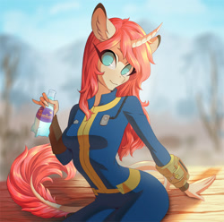 Size: 1280x1270 | Tagged: safe, artist:glorious-rarien, oc, oc only, oc:tarot, species:anthro, species:classical unicorn, species:pony, species:unicorn, anthro oc, bottle, clothing, cloven hooves, commission, curved horn, digital art, fallout, fallout 4, female, floppy ears, horn, jumpsuit, leonine tail, long mane, long tail, looking at you, mare, no pupils, nuka cola, nuka cola quantum, palomino, pink mane, pipboy, sitting, smiling, solo, unshorn fetlocks, vault suit, ych result