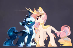 Size: 1280x849 | Tagged: safe, artist:magnaluna, character:princess celestia, character:princess luna, species:kirin, species:pony, g4, blep, boop, chest fluff, cute, cutelestia, duo, duo female, ear fluff, eye contact, eyeshadow, female, fluffy, frown, glare, gray background, hoof fluff, horns are touching, kirin-ified, leg fluff, leonine tail, lidded eyes, looking at each other, lunabetes, makeup, mare, nightmare luna, noseboop, pink-mane celestia, profile, royal sisters, scales, siblings, sillestia, silly, simple background, sisters, size difference, slit eyes, smiling, smirk, species swap, tail fluff, tail wrap, tongue out, unamused, unshorn fetlocks