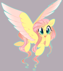 Size: 1280x1446 | Tagged: safe, artist:nemovonsilver, character:fluttershy, species:pegasus, species:pony, big eyes, blep, colored wings, colored wingtips, cute, female, flying, gray background, looking at you, mare, shyabetes, silly, simple background, solo, tongue out