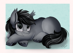 Size: 2494x1816 | Tagged: safe, artist:pridark, oc, oc only, species:earth pony, species:pony, blank flank, commission, crossed hooves, cute, female, mare, ocbetes, prone, smiling, solo, unshorn fetlocks