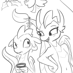 Size: 1280x1280 | Tagged: safe, artist:tjpones, character:smolder, character:spike, species:dragon, ship:spolder, belly button, dragoness, female, male, mistletoe, monochrome, older, shipping, sketch, smiling, straight