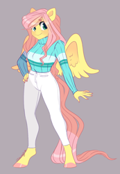 Size: 1232x1778 | Tagged: safe, artist:nemovonsilver, character:fluttershy, species:anthro, species:pegasus, species:pony, species:unguligrade anthro, clothing, colored hooves, female, pants, smiling, solo, sweater