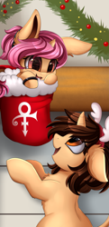 Size: 1519x3133 | Tagged: safe, artist:pridark, oc, oc only, species:pony, species:unicorn, christmas, christmas stocking, commission, duo, holiday, looking at each other, love symbol, open mouth, prince (musician)