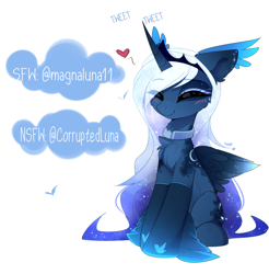 Size: 2147x2180 | Tagged: safe, artist:magnaluna, character:princess luna, species:alicorn, species:pony, advertisement, blushing, eyes closed, female, heart, mare, meta, simple background, smiling, solo, tumblr 2018 nsfw purge, twitter, white background