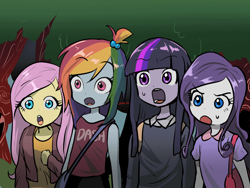 Size: 1200x900 | Tagged: safe, artist:quizia, character:fluttershy, character:rainbow dash, character:rarity, character:twilight sparkle, my little pony:equestria girls, alternate hairstyle, animated at source, female, open mouth, shocked, surprised