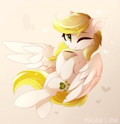 Size: 2945x3057 | Tagged: safe, artist:magnaluna, oc, oc only, oc:dandelion blossom, species:pegasus, species:pony, coffee, coffee cup, cup, female, flying, looking at you, mare, one eye closed, solo, wink
