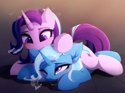 Size: 3333x2493 | Tagged: safe, artist:magnaluna, character:starlight glimmer, character:trixie, species:pony, species:unicorn, ship:startrix, adorasexy, cheek fluff, cute, dawwww, diatrixes, dripping, drool, drool string, ear bite, ear fluff, eyelashes, eyes rolling back, female, floating heart, fluffy, glimmerbetes, heart, heavy breathing, high res, hnnng, horn, lesbian, lidded eyes, lying on top of someone, mare, nom, on the floor, one eye closed, onomatopoeia, open mouth, prone, saliva puddle, salivating, sexy, shipping
