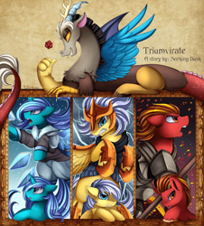 Size: 2990x3301 | Tagged: safe, artist:pridark, character:discord, oc, species:draconequus, species:earth pony, species:pegasus, species:pony, species:unicorn, fanfic:triumvirate, armor, clothing, cover art, dice, electricity, fanfic, fanfic art, fanfic cover, fire, ice, open mouth