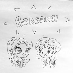 Size: 1211x1212 | Tagged: safe, artist:tjpones, character:starlight glimmer, character:sunset shimmer, my little pony:equestria girls, :d, black and white, cute, eye contact, female, glimmerbetes, grayscale, happy, horgans, lineart, looking at each other, monochrome, open mouth, shimmerbetes, simple background, sketch, smiling, traditional art, white background