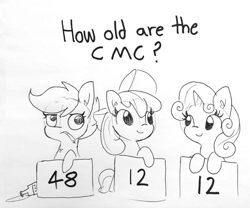 Size: 910x757 | Tagged: safe, artist:tjpones, character:apple bloom, character:scootaloo, character:sweetie belle, species:earth pony, species:pegasus, species:pony, species:unicorn, alcohol, black and white, bottle, c:, chest fluff, cigarette, cute, cutie mark crusaders, ear fluff, eye contact, female, filly, glare, grayscale, hoof hold, looking at each other, looking at you, monochrome, one of these things is not like the others, raised eyebrow, raised hoof, sign, simple background, smiling, smoking, text, wat, white background