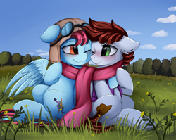 Size: 2950x2350 | Tagged: safe, artist:pridark, oc, oc only, oc:aurora breeze, oc:graph travel, species:pegasus, species:pony, aviator goggles, aviator hat, blushing, clothing, female, field, flower, freckles, goggles, grass, hat, lesbian, looking at each other, mare, oc x oc, scarf, shared clothing, shared scarf, sharing, shipping, tree, vest