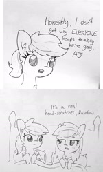 Size: 1287x2152 | Tagged: safe, artist:tjpones, edit, character:applejack, character:rainbow dash, species:pony, ship:appledash, bed, black and white, female, grayscale, in bed, lesbian, lineart, mare, monochrome, no homo, not gay, rainbow dumb, shipping, traditional art