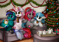 Size: 3509x2500 | Tagged: safe, artist:pridark, oc, oc only, oc:astral synthesis, oc:cerulean snow, oc:faded vision, oc:lavender sketch, species:pegasus, species:pony, species:unicorn, bow, chocolate, christmas, clothing, commission, couch, female, food, group, hair bow, hat, holiday, hot chocolate, magic, male, mare, marshmallow, mug, present, santa hat, scarf, sitting, smiling, socks, stallion, striped socks, telekinesis