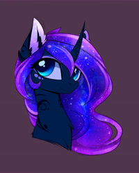 Size: 1772x2210 | Tagged: safe, artist:magnaluna, character:princess luna, species:pony, body markings, bust, color porn, colored pupils, curved horn, ear fluff, ethereal mane, female, galaxy mane, horn, mare, missing accessory, purple background, simple background, smiling, solo
