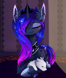 Size: 1674x1971 | Tagged: safe, artist:magnaluna, character:princess luna, oc, oc:zefiroth, species:alicorn, species:dragon, species:pony, baby, canon x oc, cute, eyes closed, female, mare, shipping, sleeping, smiling