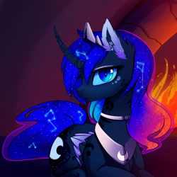 Size: 2400x2400 | Tagged: safe, artist:magnaluna, character:princess luna, species:alicorn, species:pony, body markings, cheek fluff, chest fluff, collar, color porn, colored wings, colored wingtips, constellation, curved horn, ear fluff, ethereal mane, female, fireplace, galaxy mane, horn, jewelry, looking at you, mare, prone, regalia, slit eyes, solo