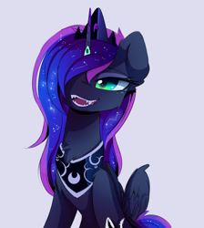 Size: 1426x1595 | Tagged: safe, artist:magnaluna, character:princess luna, species:alicorn, species:pony, chest fluff, fangs, female, hair over one eye, horn ring, mare, modified accessory, simple background, solo