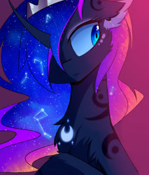 Size: 1600x1880 | Tagged: safe, artist:magnaluna, character:princess luna, species:pony, body markings, bust, cheek fluff, chest fluff, color porn, constellation, crown, curved horn, ear fluff, ethereal mane, female, galaxy mane, gradient background, hair over one eye, horn, jewelry, leg fluff, mare, regalia, solo