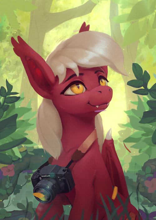Size: 500x708 | Tagged: safe, artist:rodrigues404, oc, oc only, oc:picture perfect, species:bat pony, species:pony, animated, bat pony oc, camera, cinemagraph, forest, gif, solo