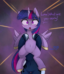 Size: 1322x1527 | Tagged: safe, artist:magnaluna, character:princess luna, character:twilight sparkle, character:twilight sparkle (alicorn), species:alicorn, species:pony, ship:twiluna, belly button, best pony, blushing, both cutie marks, dialogue, female, heart, holding a pony, lesbian, looking at you, mare, misleading thumbnail, shipping, surprised