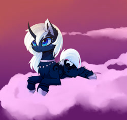Size: 1600x1515 | Tagged: safe, artist:magnaluna, character:princess luna, species:pony, alternate hairstyle, cloud, curved horn, female, horn, jewelry, mare, necklace, prone, solo