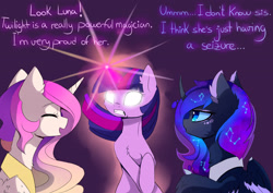 Size: 2800x1979 | Tagged: safe, artist:magnaluna, character:princess celestia, character:princess luna, character:twilight sparkle, species:alicorn, species:pony, species:unicorn, g4, bipedal, chest fluff, constellation, curved horn, dialogue, ear fluff, ethereal mane, eyes closed, fluffy, frown, galaxy mane, glowing eyes, glowing horn, gritted teeth, horn, magic, neck fluff, open mouth, royal sisters, seizure, simple background, smiling, student, teacher, teacher and student, trio, wide eyes, wing fluff
